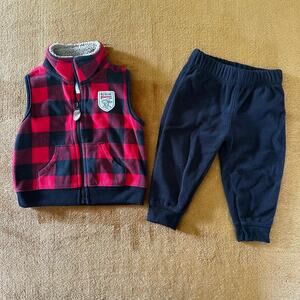 Carter's Boys 9 Months Buffalo Plaid Fleece Vest and Black Pants Set